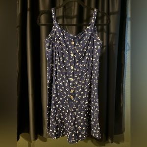 90’s Navy Blue Floral Romper with White Flowers and Cherries Print, Medium